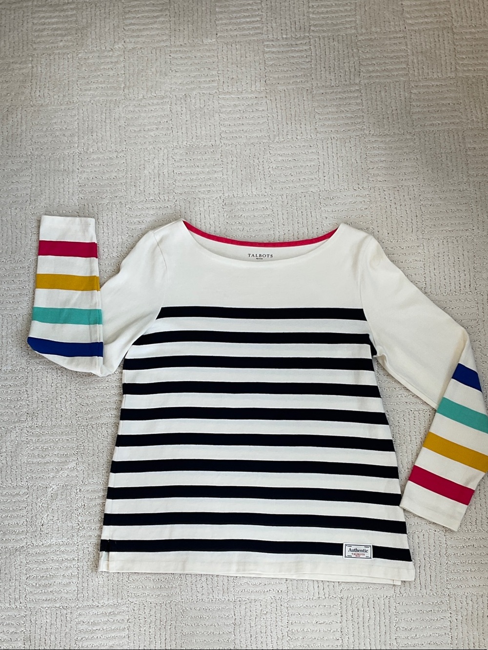 Talbots Petite Off-White & Dark Navy Striped Long Sleeve Stripe Top